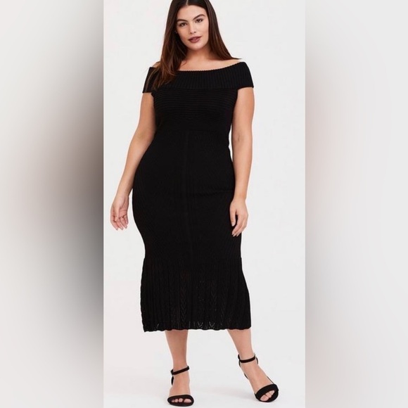 New TORRID 3 Black Sweater Trumpet Knit Midi Dress Off shoulder 3X $85 - Picture 1 of 6